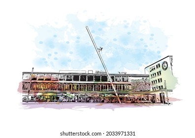 Building view with landmark of Kassel is a city in central Germany. Watercolor splash with hand drawn sketch illustration in vector.