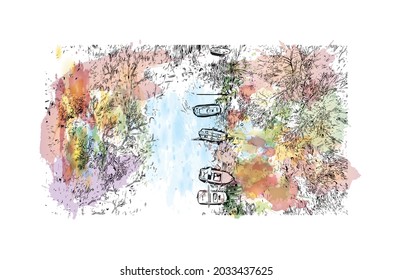 Building view with landmark of Kastoria is the 
city in Greece. Watercolor splash with hand drawn sketch illustration in vector.