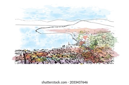 Building view with landmark of Kastoria is the 
city in Greece. Watercolor splash with hand drawn sketch illustration in vector.