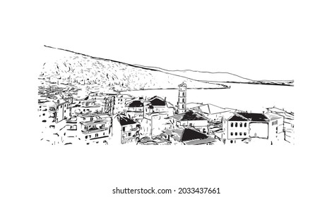 Building view with landmark of Kastoria is the 
city in Greece. Hand drawn sketch illustration in vector.