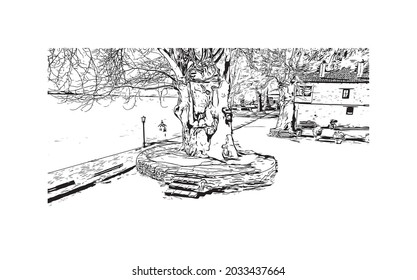 Building view with landmark of Kastoria is the 
city in Greece. Hand drawn sketch illustration in vector.