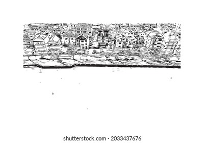 Building view with landmark of Kastoria is the 
city in Greece. Hand drawn sketch illustration in vector.