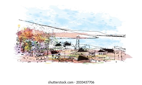 Building view with landmark of Kastoria is the 
city in Greece. Watercolor splash with hand drawn sketch illustration in vector.