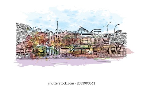 Building view with landmark of Kathmandu is the 
capital of Nepal. Watercolor splash with hand drawn sketch illustration in vector.