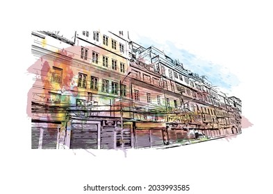 Building view with landmark of Kathmandu is the 
capital of Nepal. Watercolor splash with hand drawn sketch illustration in vector.