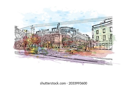 Building view with landmark of Kathmandu is the 
capital of Nepal. Watercolor splash with hand drawn sketch illustration in vector.