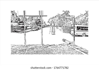 Building view with landmark of Katoomba is the chief town of the City of Blue Mountains in New South Wales, Australia. Hand drawn sketch illustration in vector. 