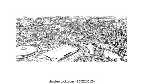 Building view with landmark of Katowice is a city in southern Poland, the capital city of the Silesian Region. Hand drawn sketch illustration in vector.