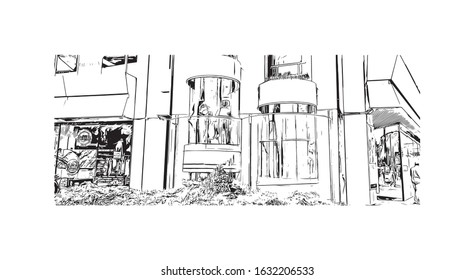 Building view with landmark of Katowice is a city in southern Poland, the capital city of the Silesian Region. Hand drawn sketch illustration in vector.