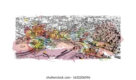 Building view with landmark of Katowice is a city in southern Poland, the capital city of the Silesian Region. Hand drawn sketch illustration in vector.