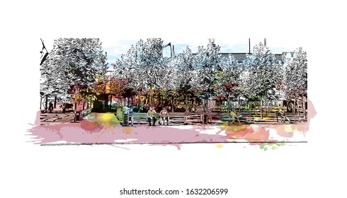 Building view with landmark of Katowice is a city in southern Poland, the capital city of the Silesian Region. Hand drawn sketch illustration in vector.