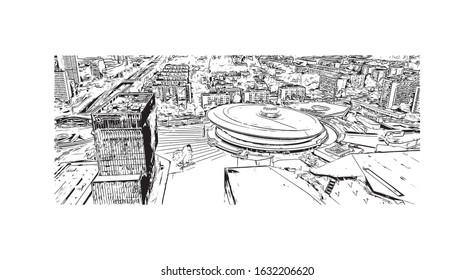 Building view with landmark of Katowice is a city in southern Poland, the capital city of the Silesian Region. Hand drawn sketch illustration in vector.