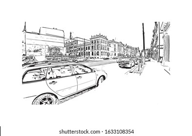 Building view with landmark of Katowice is a city in southern Poland. Watercolor splash with Hand drawn sketch illustration in vector.