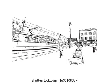 Building view with landmark of Katowice is a city in southern Poland. Watercolor splash with Hand drawn sketch illustration in vector.