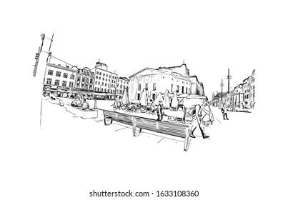 Building view with landmark of Katowice is a city in southern Poland. Watercolor splash with Hand drawn sketch illustration in vector.