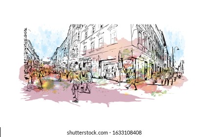 Building view with landmark of Katowice is a city in southern Poland. Watercolor splash with Hand drawn sketch illustration in vector.
