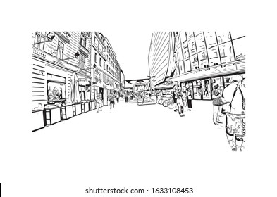 Building view with landmark of Katowice is a city in southern Poland. Watercolor splash with Hand drawn sketch illustration in vector.