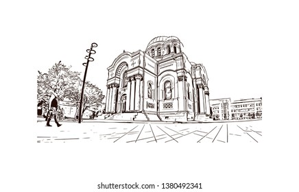 Building view with landmark of Kaunas is a city in south-central Lithuania. Hand drawn sketch illustration in vector.