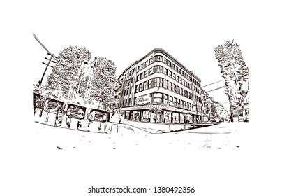Building view with landmark of Kaunas is a city in south-central Lithuania. Hand drawn sketch illustration in vector.