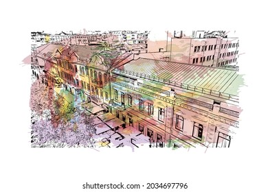 Building view with landmark of Kaunas is a city in Lithuania. Watercolor splash with hand drawn sketch illustration in vector.