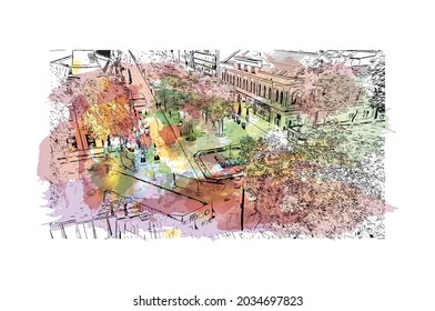 Building view with landmark of Kaunas is a city in Lithuania. Watercolor splash with hand drawn sketch illustration in vector.