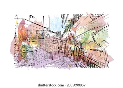 Building view with landmark of Kavala is the 
city in Greece. Watercolor splash with hand drawn sketch illustration in vector.