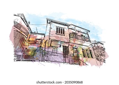 Building view with landmark of Kavala is the 
city in Greece. Watercolor splash with hand drawn sketch illustration in vector.