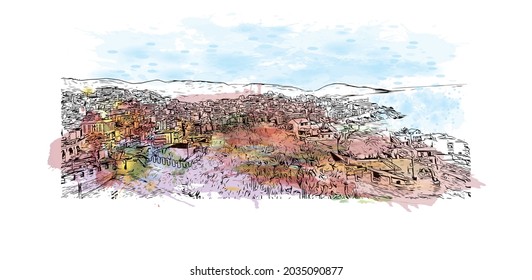 Building view with landmark of Kavala is the 
city in Greece. Watercolor splash with hand drawn sketch illustration in vector.