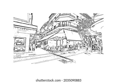 Building view with landmark of Kavala is the 
city in Greece. Hand drawn sketch illustration in vector.