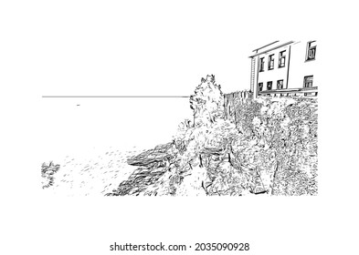 Building view with landmark of Kavala is the 
city in Greece. Hand drawn sketch illustration in vector.