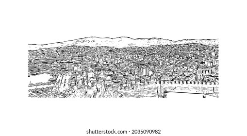 Building view with landmark of Kavala is the 
city in Greece. Hand drawn sketch illustration in vector.