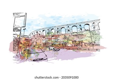 Building view with landmark of Kavala is the 
city in Greece. Watercolor splash with hand drawn sketch illustration in vector.