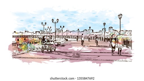 Building view with landmark of Kazan is a city in southwest Russia. Watercolor splash with hand drawn sketch illustration in vector.