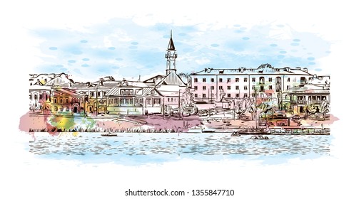 Building view with landmark of Kazan is a city in southwest Russia. Watercolor splash with hand drawn sketch illustration in vector.