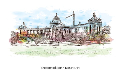 Building view with landmark of Kazan is a city in southwest Russia. Watercolor splash with hand drawn sketch illustration in vector.