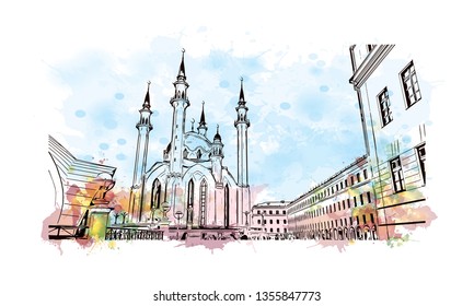 Building View With Landmark Of Kazan Is A City In Southwest Russia. Watercolor Splash With Hand Drawn Sketch Illustration In Vector.