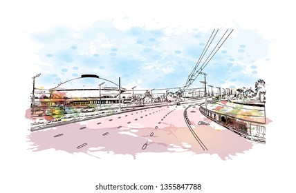 Building view with landmark of Kazan is a city in southwest Russia. Watercolor splash with hand drawn sketch illustration in vector.