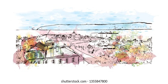 Building view with landmark of Kazan is a city in southwest Russia. Watercolor splash with hand drawn sketch illustration in vector.