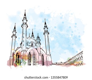 Building view with landmark of Kazan is a city in southwest Russia. Watercolor splash with hand drawn sketch illustration in vector.