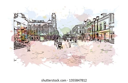 Building view with landmark of Kazan is a city in southwest Russia. Watercolor splash with hand drawn sketch illustration in vector.