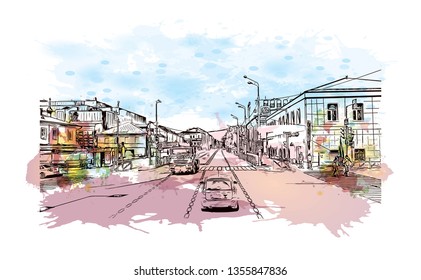 Building view with landmark of Kazan is a city in southwest Russia. Watercolor splash with hand drawn sketch illustration in vector.