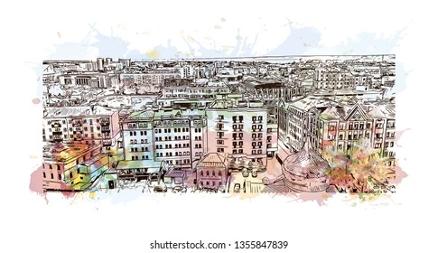 Building view with landmark of Kazan is a city in southwest Russia. Watercolor splash with hand drawn sketch illustration in vector.
