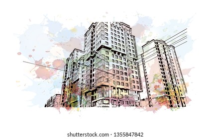Building view with landmark of Kazan is a city in southwest Russia. Watercolor splash with hand drawn sketch illustration in vector.
