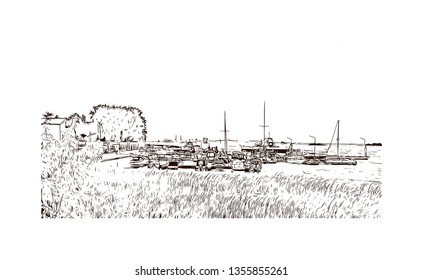 Building view with landmark of Kazan is a city in southwest Russia. Hand drawn sketch illustration in vector.
