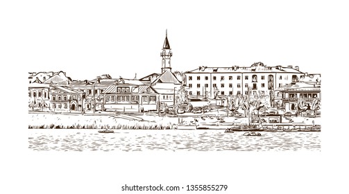 Building view with landmark of Kazan is a city in southwest Russia. Hand drawn sketch illustration in vector.