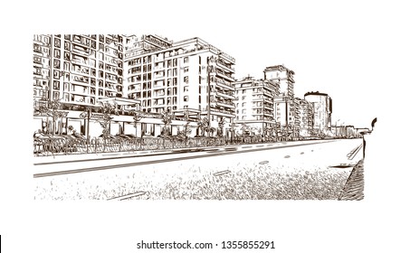 Building view with landmark of Kazan is a city in southwest Russia. Hand drawn sketch illustration in vector.