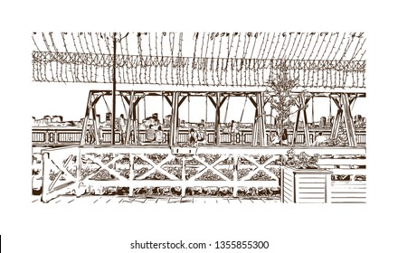 Building view with landmark of Kazan is a city in southwest Russia. Hand drawn sketch illustration in vector.