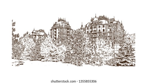 Building view with landmark of Kazan is a city in southwest Russia. Hand drawn sketch illustration in vector.