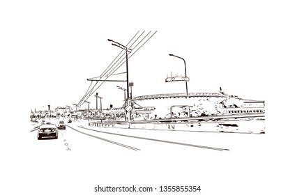 Building view with landmark of Kazan is a city in southwest Russia. Hand drawn sketch illustration in vector.