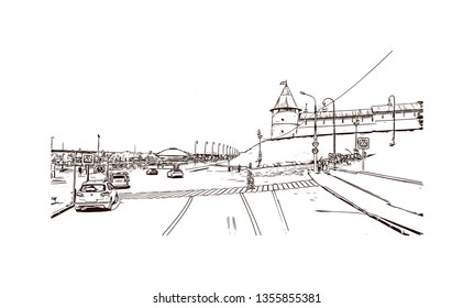 Building view with landmark of Kazan is a city in southwest Russia. Hand drawn sketch illustration in vector.